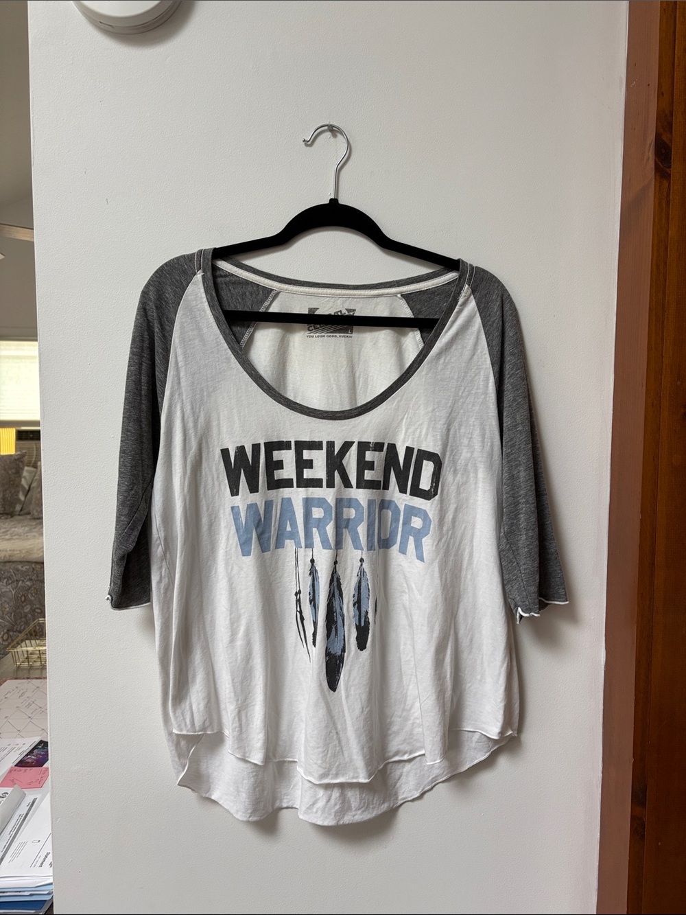 LOCAL CELEBRITY Graphic WEEKEND WARRIOR Raglan Baseball Tee,Size Large